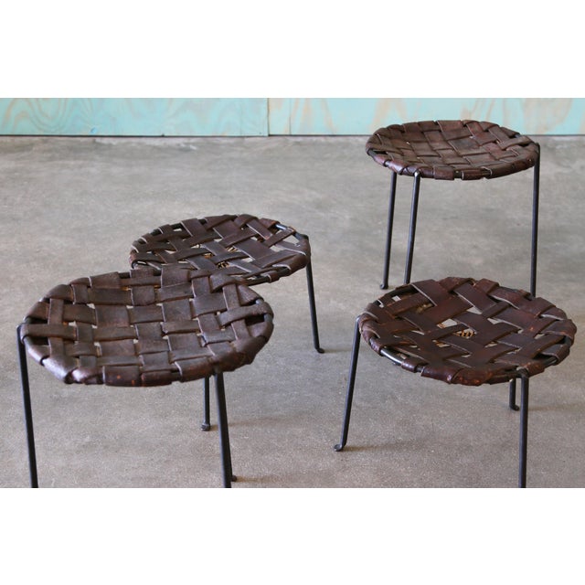 1940s A Set of 4 1940's Swift and Monell Woven Leather and Iron Stools Mid Century Modern For Sale - Image 5 of 17