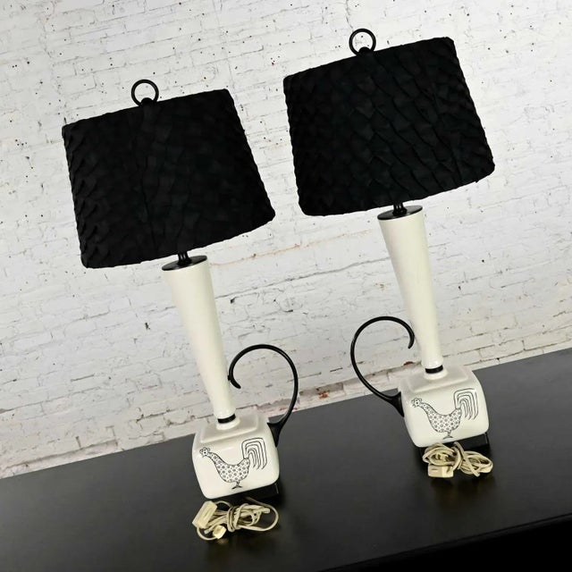 Mid 20th Century Mid Century Modern Black and White Ceramic Lamps W/ Rooster Design, a Pair For Sale - Image 5 of 13