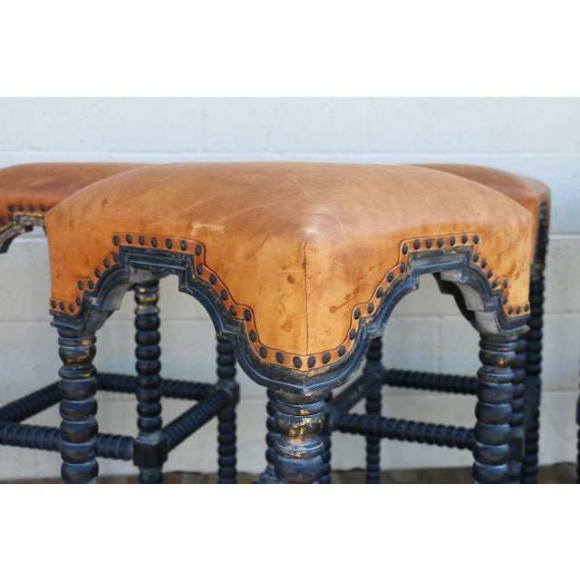 Set of 5 Vintage Leather Bar Stools With Spindle Legs & Nailhead Trim | Spanish Revival / Mediterranean Style For Sale - Image 12 of 18
