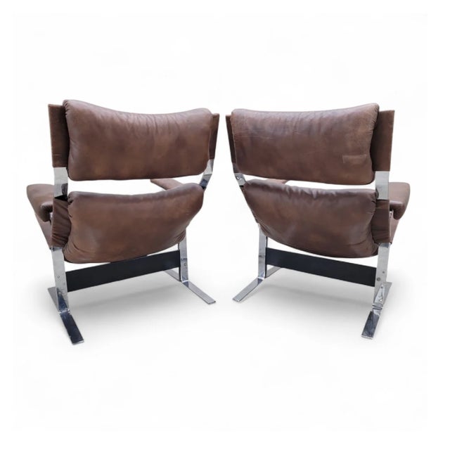 Mid Century Modern Brown Leather and Chromium Lounge Chairs and Ottoman Attributed to Richard Hersberger For Sale - Image 10 of 11