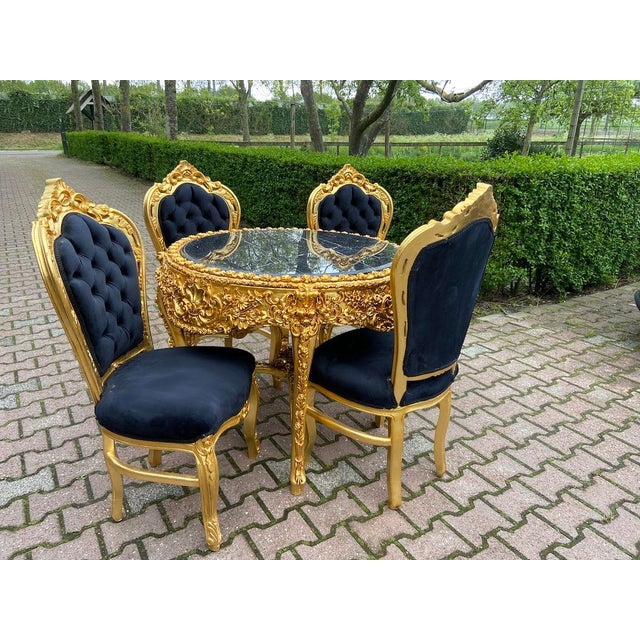 1970s Italian Baroque Gold Leaf Black Velvet Dining Set – 5 PCS For Sale - Image 4 of 16