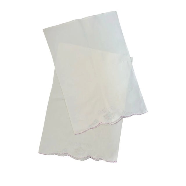 Textile Vintage 1950s Mine and Yours King Size Pillowcases, Hand Embroidered Bridal Linen, Hand Crocheted Scalloped Edge, Heirloom Cotton - a Pair For Sale - Image 7 of 8