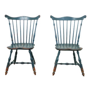 Pair Blue Painted Windsor Style Fan Back Side Chairs For Sale