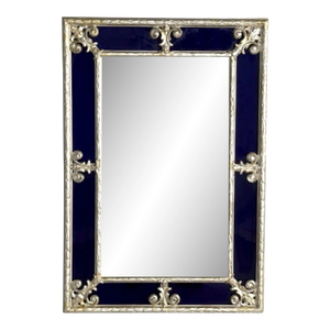 Hollywood Regency Style, Small Mirror, Cobalt Blue Glass, Silver Leaf, 1980s