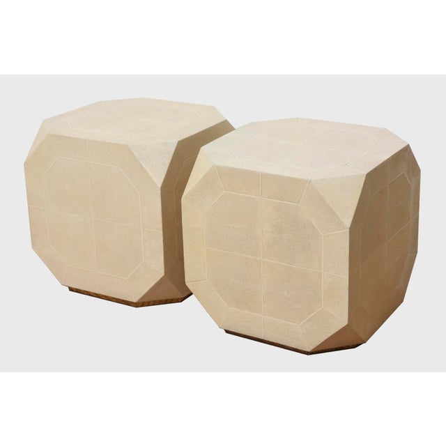 These fabulous and very RARE Ron Seff restored shagreen and bone inlay dice side or end tables are vintage. From the 80's....