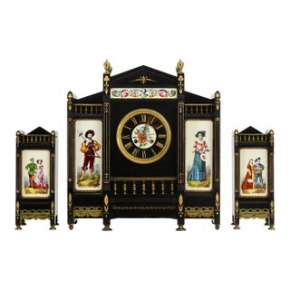 Antique French Black Marble and Hand-Painted Clock Garniture Set, Late 19th Cent For Sale