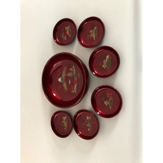 Wood Asian Lacquered 7 Pieces Salad Bowls Set For Sale - Image 7 of 7