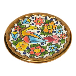 Vintage Handmade Spanish Coaster 3.75 Inch 24k Gold Exotic Bird Floral Design Majolica For Sale