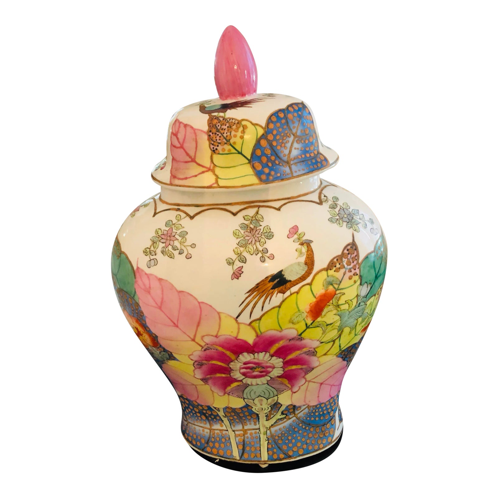tobacco leaf jar with Pink Foo Dog Lid A whimsical fu dog sits atop this beautifully decorated covered jar Tobacco Leaf Hex Jar –