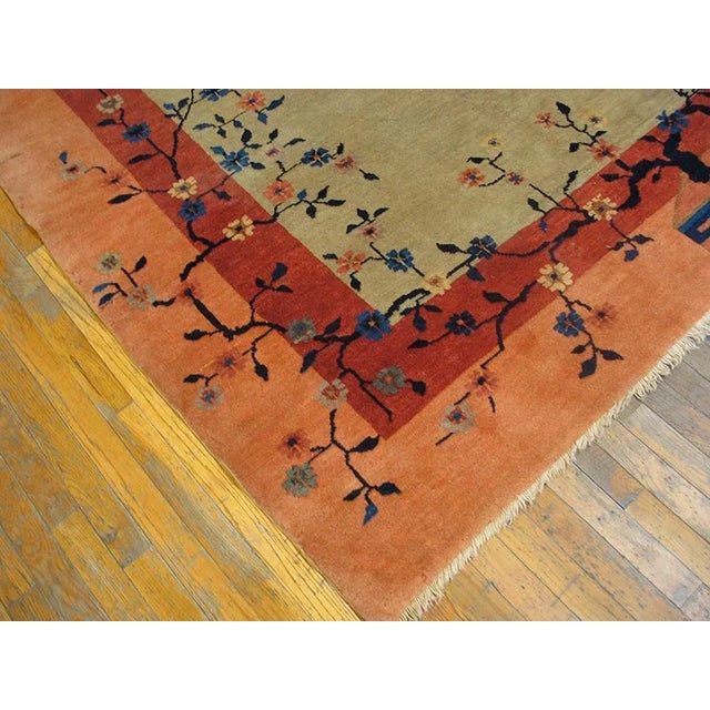 1920s Tan Taupe Minimalist Floral Antique Chinese Peking Rug 9'2" X 11'6" Knotted Wool Carpet For Sale In New York - Image 6 of 9