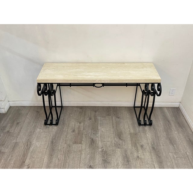 Metal Wrought Iron Travertine Top Console Table For Sale - Image 7 of 10