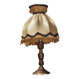 Vintage Hollywood Regency Fringe Boudoir Lamp With Satin Shade and Brass Base For Sale