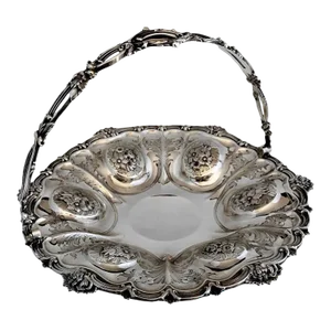 Late 19th Century Victorian Chiseled and Engraved Sterling Silver Basket With Handle