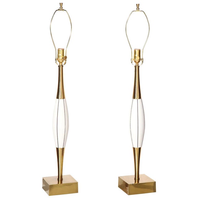 Mid-Century Stewart Ross James Attrib. White Incised Wood and Brass Table Lamps - a Pair For Sale - Image 9 of 9