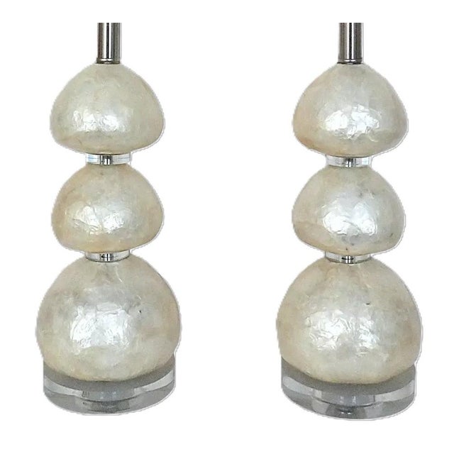 FREE SHIPPING ANYWHERE IN THE CONTINENTAL US! This is a set of unique vintage capiz shell stacked table lamps. Mid Century...