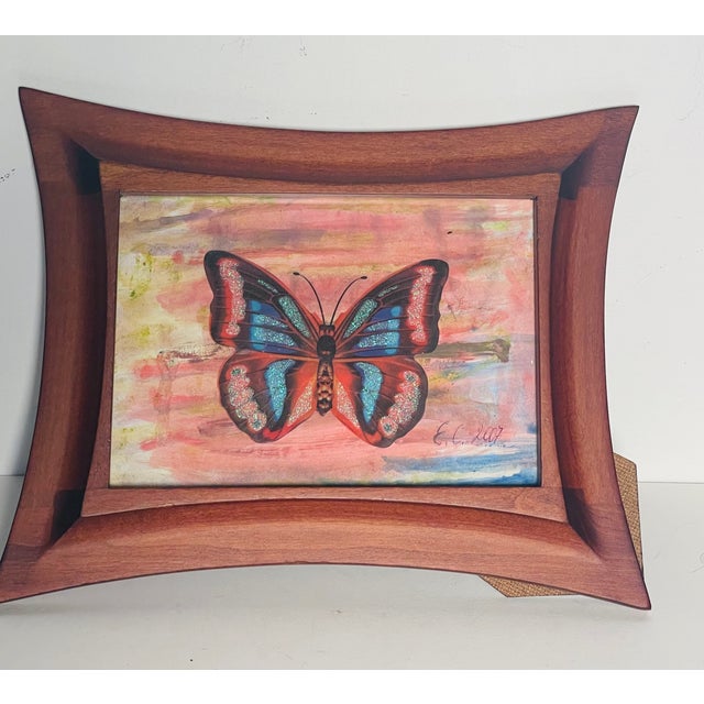 Abstract modern Red Butterfly collage on abstract background in profiled frame.