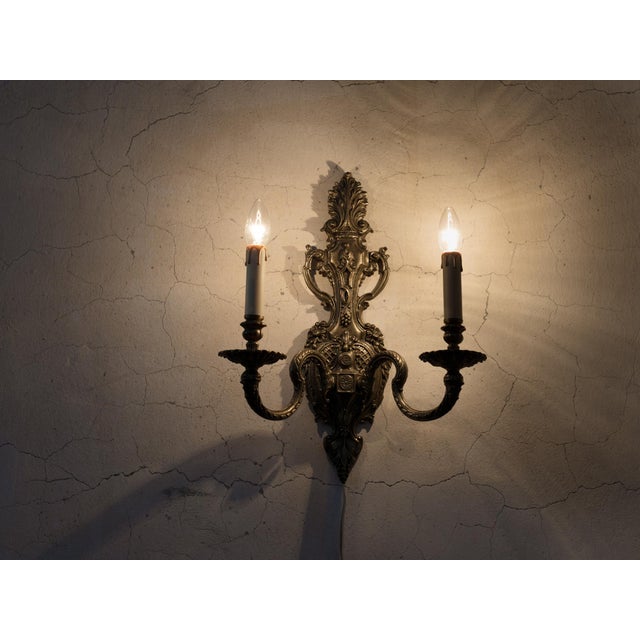 1950s Spanish Rococo Chased Brass 2-Light Wall Sconce For Sale - Image 11 of 11