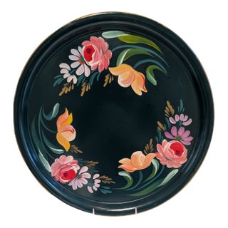 1950s Hand Painted Large Round Dark Teal Tole Ware Metal Tray For Sale