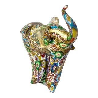 1970s Original Murano Glass Elephant Figurine in Millefiori Gold Italy For Sale