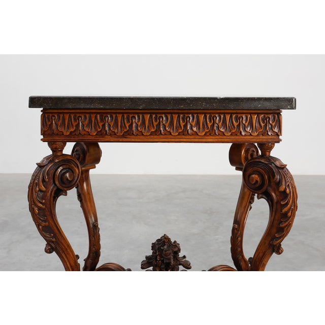 Baroque Napoleon III Style Carved Walnut Side Tables with Bluestone Tops, 1890s, Set of 2 For Sale - Image 3 of 12