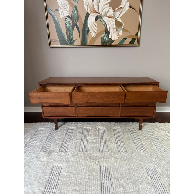 Brown Vintage 1950s Mid Century 9-Drawer Walnut Lowboy Dresser by Stanley For Sale - Image 8 of 12