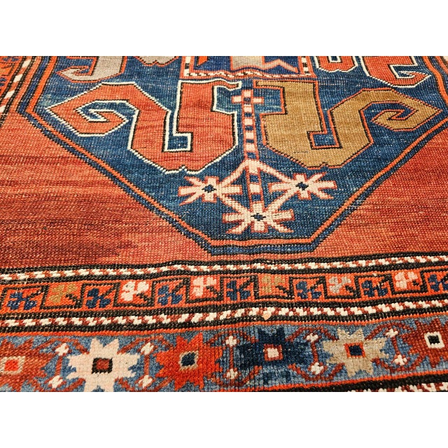 Antique Cloudband Kazak Area Rug, Hand-Knotted Wool, Geometric Design, Red & Blue, 5' x 8' For Sale - Image 13 of 15