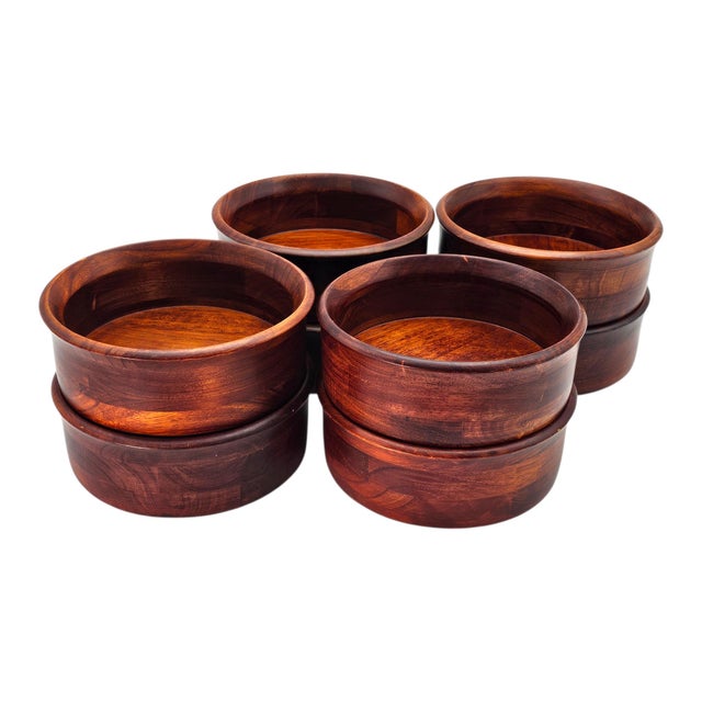 Mid-Century Hand Turned Solid Cherry Wood Bowl Set — Eight 7" Serving Bowls For Sale - Image 10 of 13