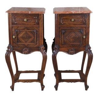 2 Antique French Louis XVI Walnut Matchbook Marble Nightstands Smoking Stands For Sale