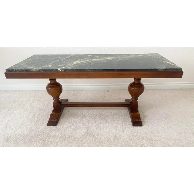 Traditional Mid 20th Century Unique Marble and Wood French Inspired Trestle Console/Libaray/Coffee/Cocktail/Display Table Great Vintage Condition For Sale - Image 3 of 11