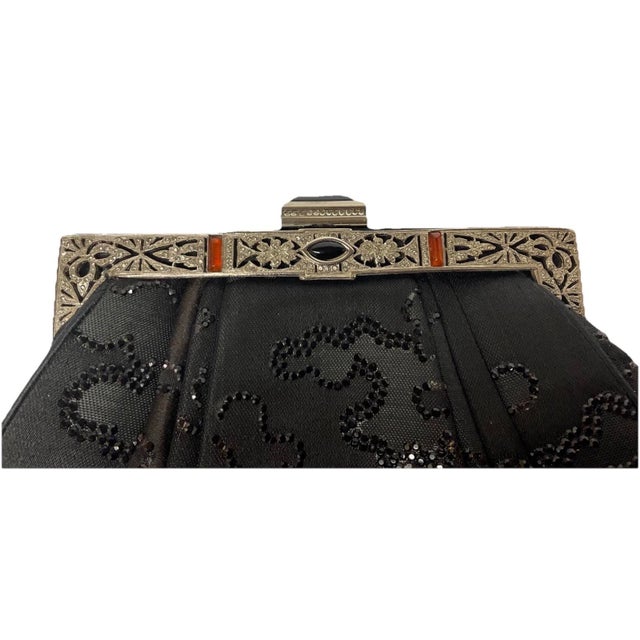 Judith Leiber 80s Art Deco Style Frame Embroidery Marcasite Style Gemstone Velvet Shoulder Clutch Evening Bag Vintage For Sale In Los Angeles - Image 6 of 9