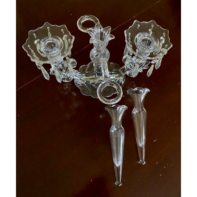 1950's Vintage Cambridge Glass 3 Candle Candelabra With Two Epergne Bud / Floral Vases For Sale - Image 10 of 12