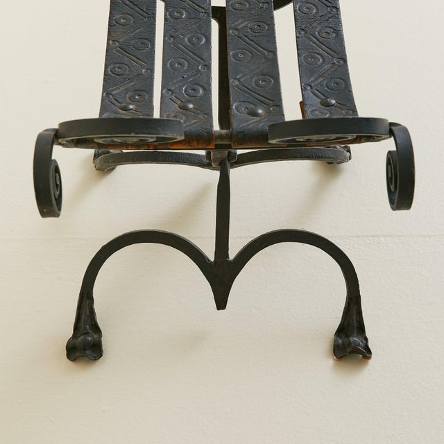Vintage Spanish Brutalist Wrought Iron + Tooled Leather Folding Stool For Sale - Image 17 of 18