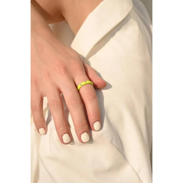 Neon Enamel Diamond Ring Solid 14k Yellow Gold Stacking Band Ring Size 7 For Sale - Image 4 of 12