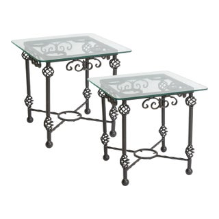 Pair French Giacometti Style Sculptural Forged Wrought Iron Side Tables With Glass Top, 1950s For Sale