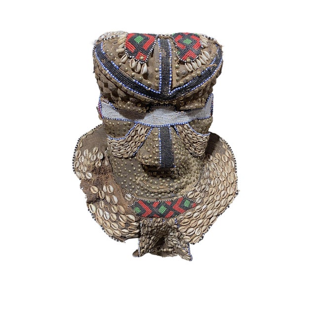 Unique Vintage Large African Tribal Beaded Kuba Royal Head Mask Congo 15" H For Sale - Image 10 of 13