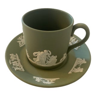 20th Century Wedgwood Sage Jasper-Ware Demitasse/Espresso Cup and Saucer Mint Condition For Sale