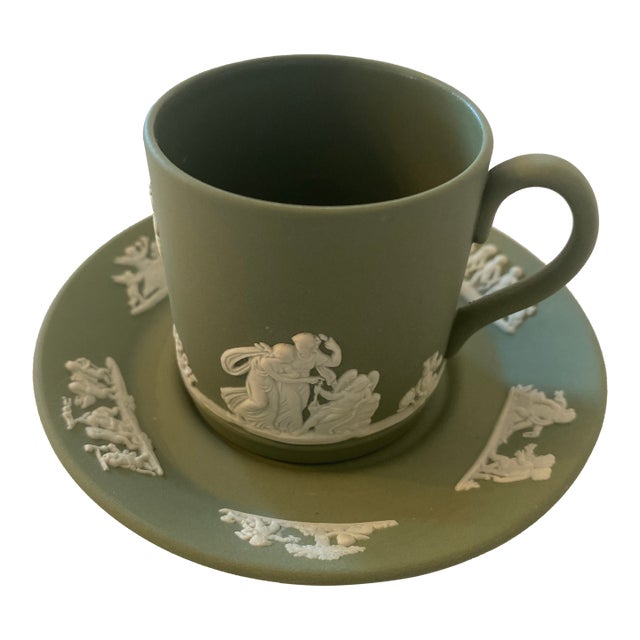 Mid 20th Century Wedgwood Sage Jasper-Ware Demitasse/Espresso Cup and Saucer Mint Condition For Sale
