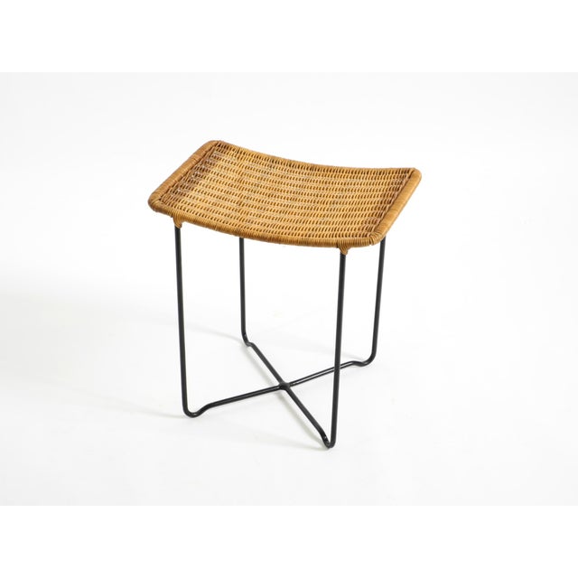 1950s Mid-Century Modern Rattan Stool with Black Iron Frame, 1950s For Sale - Image 5 of 18