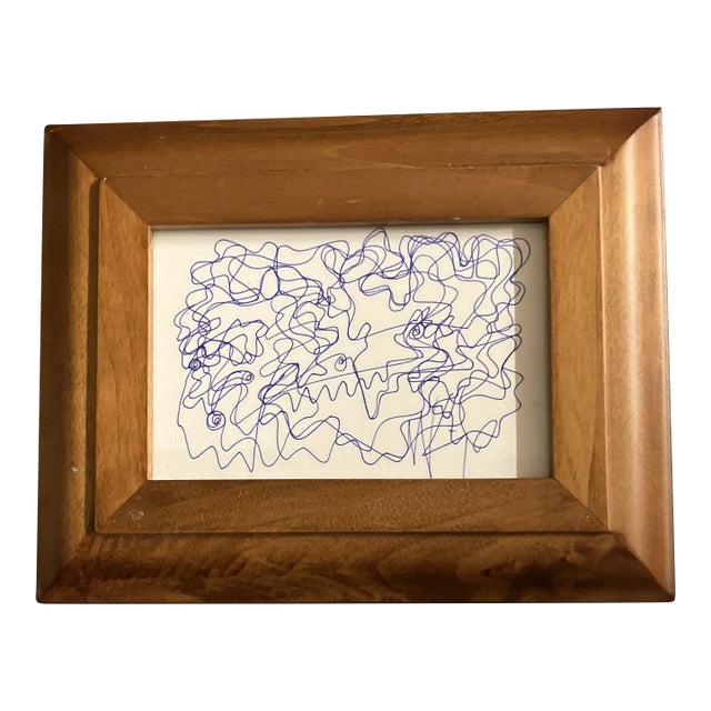 1980’s Original Wayne Cunningham Small Abstract Blue Ink Drawing Vintage Tabletop Frame For Sale