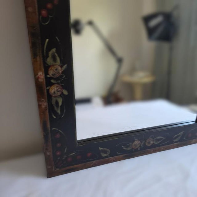 Mid-Century Modern Vintage Scandinavian Style Hand-Painted Rosemaling Black & Floral Wall Mirror - 36" For Sale - Image 3 of 9
