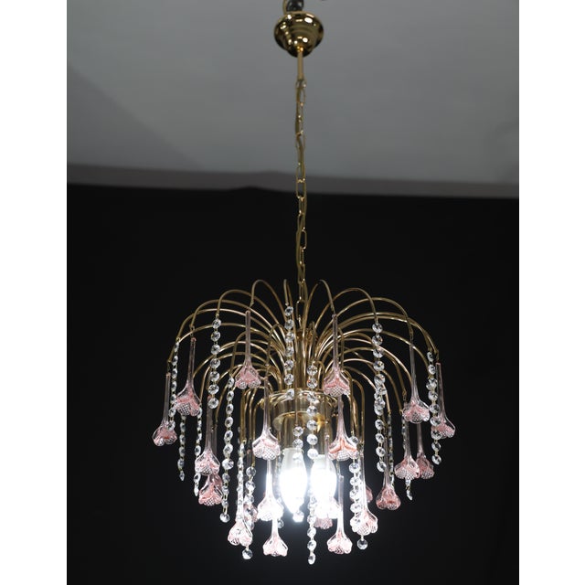 Glass 1980s Meryl Streep, Pink Murano Flowers and Crystal Drops Chandelier - Set of 2 For Sale - Image 7 of 16