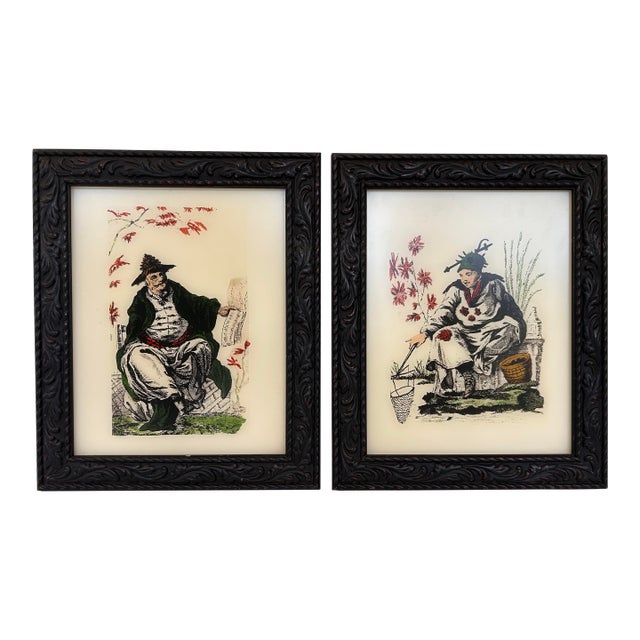 Pair of Vintage Chinoiserie Eglomise Reverse Glass Paintings For Sale