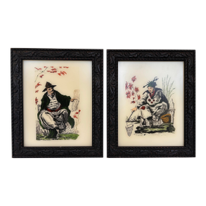 Pair of Vintage Chinoiserie Eglomise Reverse Glass Paintings