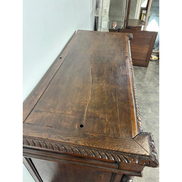 Traditional Henri II Style 2-Body Hunting Buffet in Carved Oak with Glass Top For Sale - Image 3 of 10