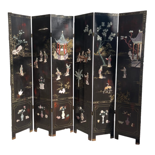 Antique Chinese Coromandel 6 Panel Screen With Jade, Mop, Agate, Coral For Sale