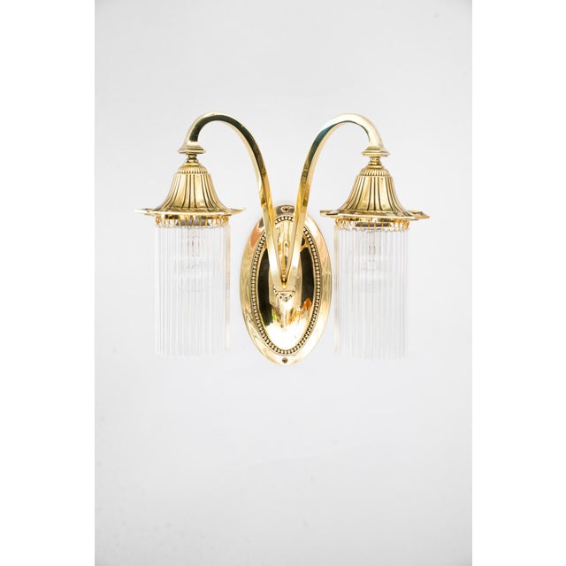 Art Deco Double Light Brass Wall Lamps with Glass Sticks, Vienna, Austria, 1920s, Set of 2 For Sale - Image 3 of 18