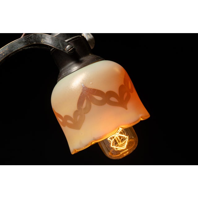 Early 20th Century Art Nouveau Cast Iron Desk Lamp With Frosted Opalescent Stenciled Shade For Sale - Image 9 of 12