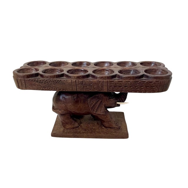 Folk Art VTG African Hand Carved Elephant Mancala Wooden Game Board Folk Art Signed For Sale - Image 3 of 9