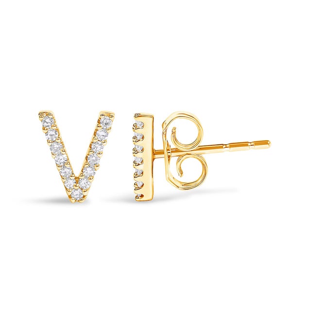 Contemporary 10K Yellow Gold 1/10 Cttw Diamond 'V' Initial Stud Earring For Sale - Image 3 of 5