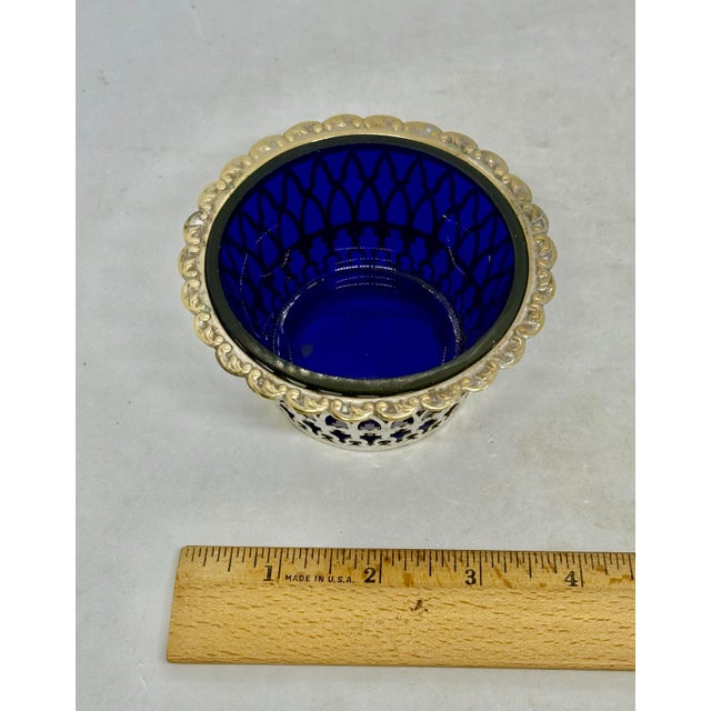Mid 20th Century Cobalt Blue Silver Plate Filigree Condiment Bowl For Sale - Image 11 of 12